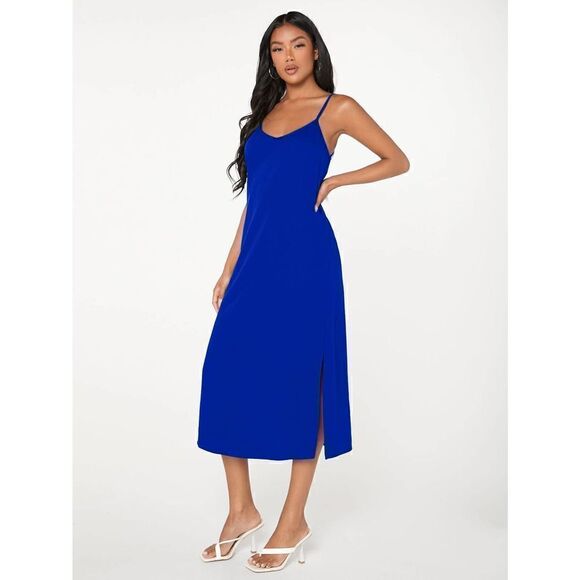 Minimalist Split hem Cami strap midi Dress black - Picture 7 of 11